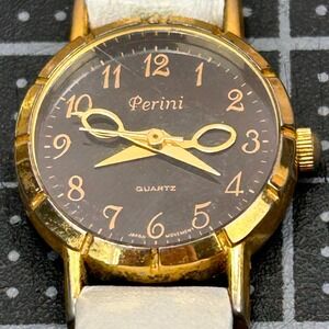 Perini Vintage Watch Gold Tone Scissor Hands White Leather Strap CO15 Japan Movt